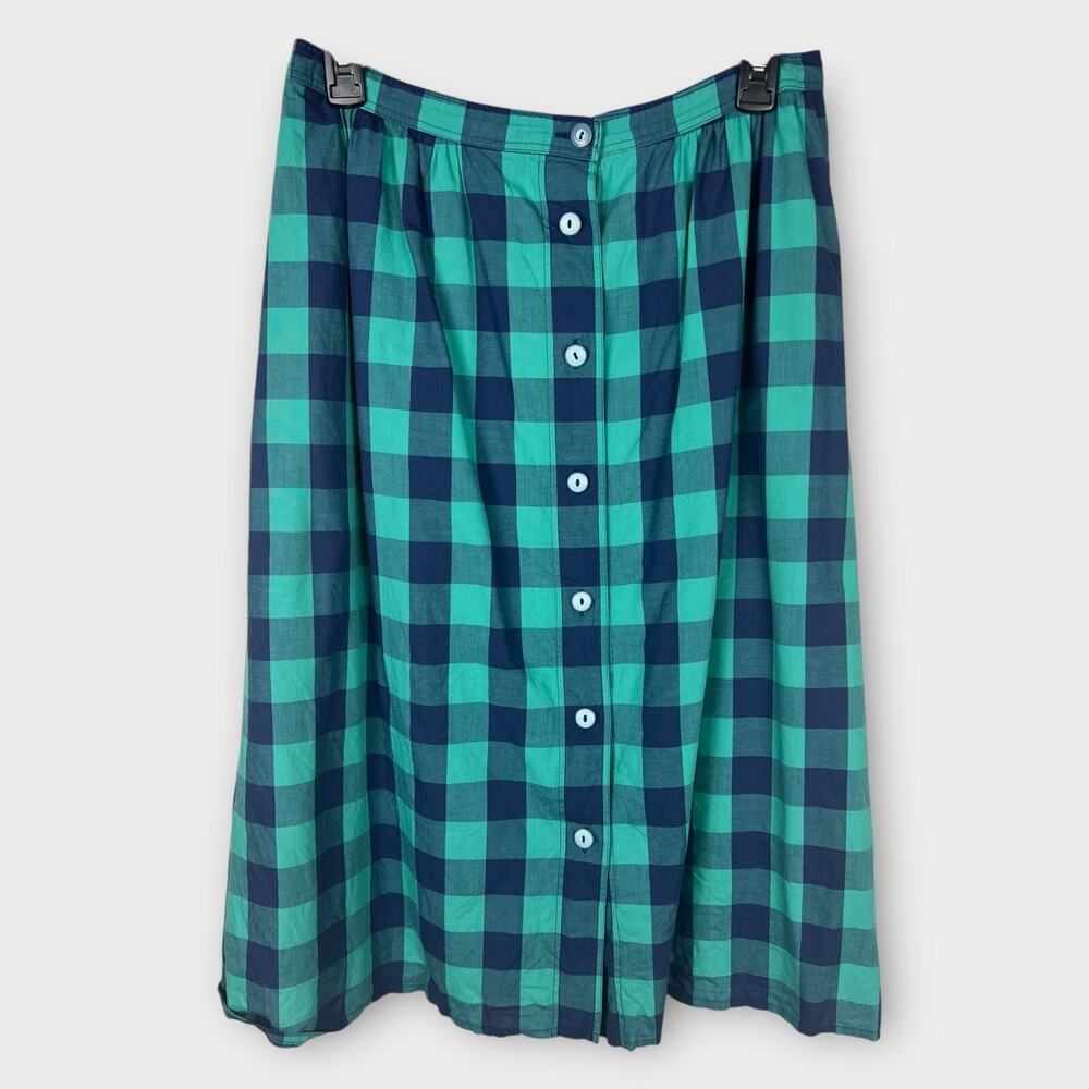Vintage Walbusch Button‎ Front Plaid A-line midi skirt blue green pockets Size 8